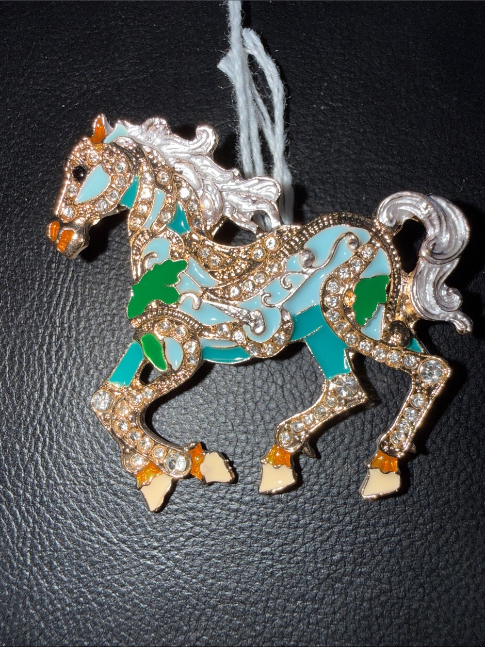Teal and Green Jeweled Horse Brooch with Gold-Tone Accents